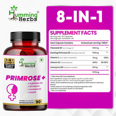Humming Herbs Primrose+ with Evening Primrose, Flaxseed, Vitamin E, D3 & CoQ10, 90 Capsules