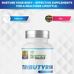 Humming Herbs Tributyrin 95% Pure | 730 mg Butyrate | With Zinc, FOS & Probiotic Blend & FOS | 180 Veg Capsules | Nutraceutical Supplement