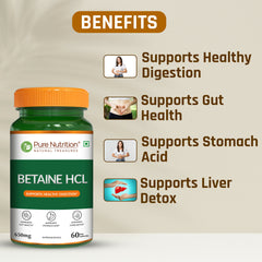Pure Nutrition Betaine HCL 650mg (60 Capsules) Supports Digestive Health, Stomach Acid Balance & Nutrient Absorption, Helps Relieve Gas, Heartburn & Acidity