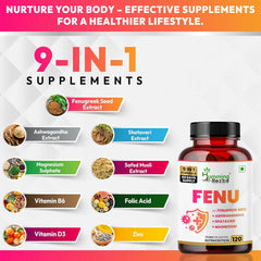 Humming Herbs FENU Fenugreek with Ashwagandha, Shatavari, Safed Musli ,Magnesium, Zinc , Vitamin D3, Vitamin B6 & Folic Acid 120 Capsules