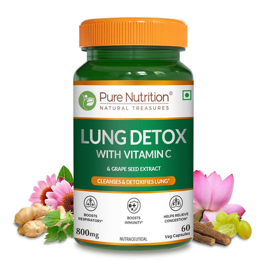 Pure Nutrition Lung Detox Supplement - 60 Veg Capsules | Quercetin, Vitamin C, Nettle, Vasaka Leaf, Lotus, Licorice & Ginger | Supports Lung Cleansing, Respiratory Health & Immune Defense | 100% Herbal Formula