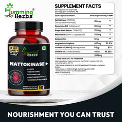 Humming Herbs Nattokinase+ 8-in-1 Formula – Heart Health Support with CoQ10, Resveratrol, Astaxanthin, Grape Seed Extract, Magnesium, Vitamin K2 & D3 – 1006mg | 90 Capsules