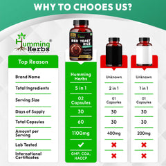 Humming Herbs Red Yeast Rice 500mg Capsules - Natural Cholesterol Support with CoQ10, Policosanol - Heart Health & Blood Circulation