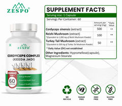Zespo Cordyceps Complex (Keeda Jadi) 650mg with Reishi & Turkey Tail Mushroom - 60 Capsules