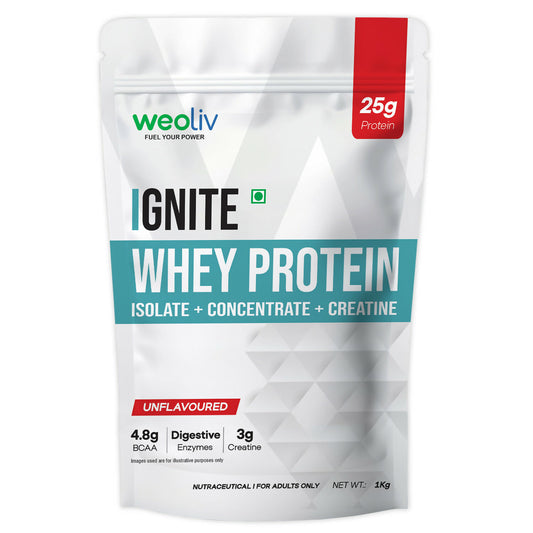 Weoliv Ignite Whey Protein Powder | Isolate + Concentrate + Creatine | Unflavoured | 25g Protein & 3g Creatine | 1Kg