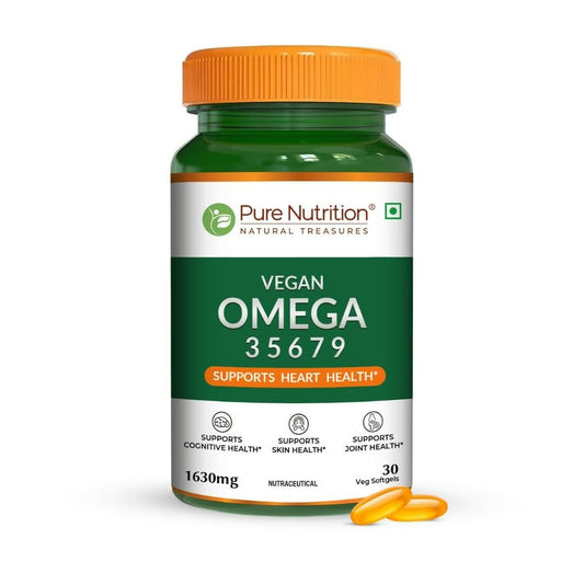 Pure Nutrition Vegan Omega 3 5 6 7 9 (30 Softgels) | Plant Based Veg Omega 3 Supplement with Blend of Seabuckthorn, Flaxseed, Pomegranate, Borage & Olive Oils | Supports Heart, Skin & Joint Health