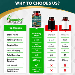 Humming Herbs Saw Palmetto Plus Prostate Support - Enhanced Formula with Quercetin, Turmeric, Pygeum, Vitamins E & B6, Zinc, Selenium for Men's Health, Capsule
