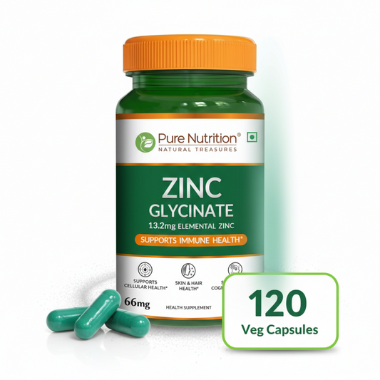 Pure Nutrition Zinc Glycinate Supplement (66 mg) | 120 Veg Capsules | 13.2 mg Elemental Zinc | Daily Zinc Supplement for Skin, Hair & General Wellness