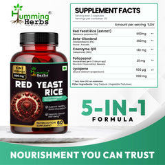 Humming Herbs Red Yeast Rice 500mg Capsules - Natural Cholesterol Support with CoQ10, Policosanol - Heart Health & Blood Circulation