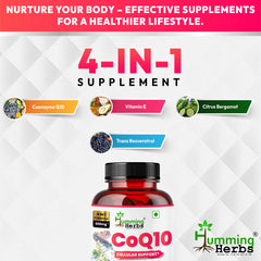 Humming Herbs CoQ10 600mg Cellular Support Supplement with Resveratrol, Bergamot & Vitamin E - Heart Health & Energy Booster - Antioxidan 60 Caps