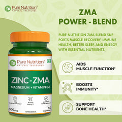 Pure Nutrition Zinc ZMA | With Zinc, Magnesium Aspartate & Vitamin B6 for Muscle Recovery, Deep Sleep & Bone Health | 60 Veg Tablets