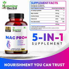 Humming Herbs NAC PRO+ with N-Acetyl Cysteine, Inositol, Choline, Vitamin D3 & Zinc | 1410mg | 45 Days Supply | Non-GMO & Clean Label